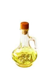 Extra-virgin olive oil and greens olives  on white background