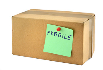 fragile cardboard box against white background
