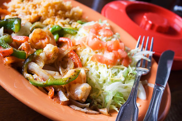 Shrimp Fajita Dinner with Rice and Salad © mrslevite