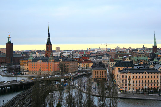 View on Stockholm from observation tower, winter evening.