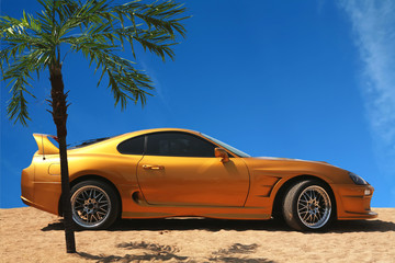 Fototapeta na wymiar Orange-Yellow Sport Car on Gold Sand under Palm