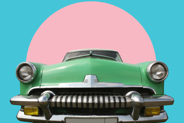 Transport, Vintage Green Car 60's on Rose - Blue Background
