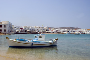 greek island harbor with fishing boat mykonos  
