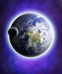 Earth and moon in a blue universe