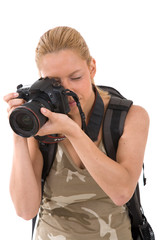 Obraz premium Young blond woman with big camera around her neck 