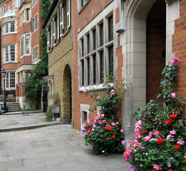 Fototapeta na wymiar Elegant London street and house entrance with flowers
