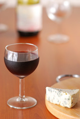 Glass of wine with bottle