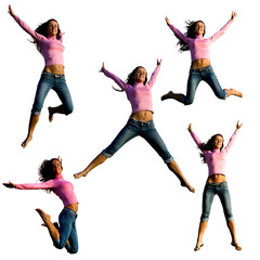 Happy young beautiful girl jumping. Isolated on white background