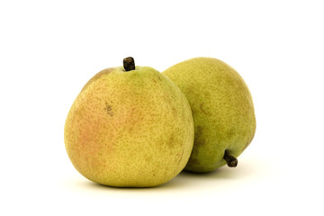 Two D'Anjou pears, close-up, isolated