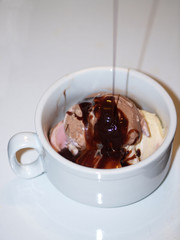 Neopolitan Icecream with chocolate sauce