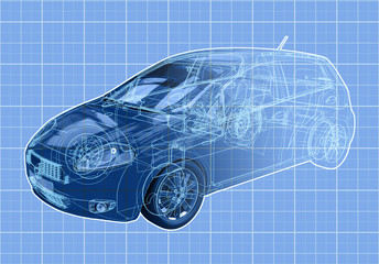 Perspective view blueprint illustration of a hatchback.