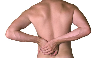 Rear view of a young male. Holding his back in pain.