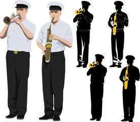 Member of military band playing trumpet and saxophone