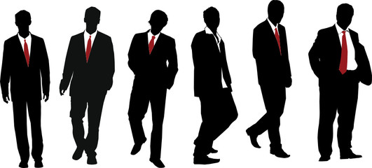 Group of seven powerful businessmen. Vector silhouette