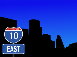 Houston skyline with interstate 10 sign