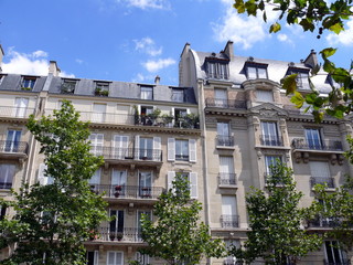 Immeubles parisiens, arbres et ciel bleu