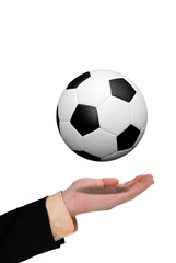 Business man holding soccer ball in his hand