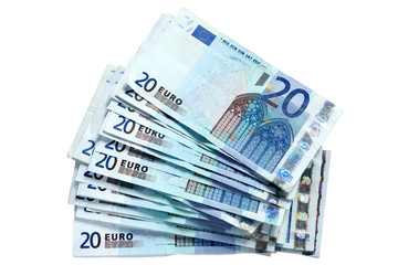 A stack of 20 Euro currency bank notes.