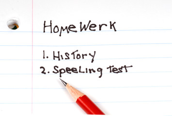 Child's list of homework to do with misspelled words