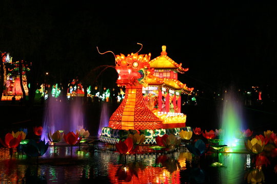 dragon and fountains during new year lantern festival