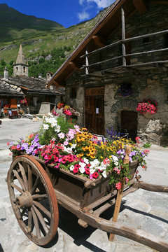 Village de montagne et charrette de fleur