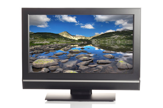 LCD tv displaying a beautiful landscape picture