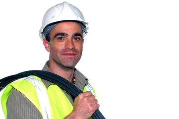 friendly construction worker with a cable on his shoulder