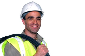 friendly construction worker with a cable on his shoulder