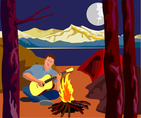 Camping guy cross-legged playing the guitar