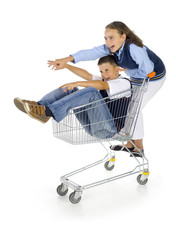 School boy and girl with trolley