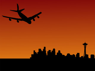Fototapeta na wymiar plane arriving at Seattle at dusk