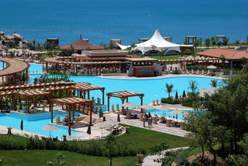 hotel view with pool