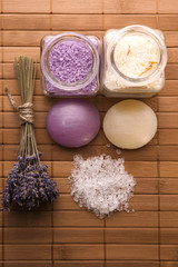 Fototapeta na wymiar lavender bath items. aromatherapy