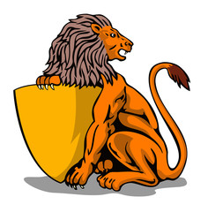 Lion sitting holding a shield