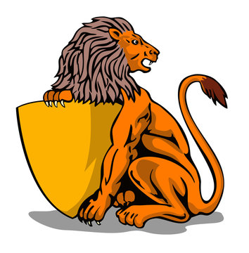 Lion sitting holding a shield