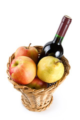 Basket with wine and fruit