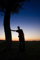 Naklejka premium A man's silhouette in the sunset with a tree