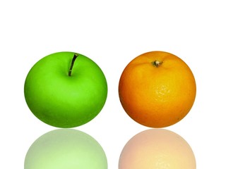 apple and orange on white glass