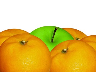 apple and oranges closeup on white