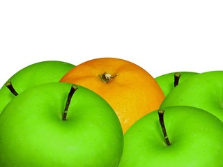 orange and apples closeup on white