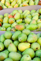 Green delicious pears at the market place