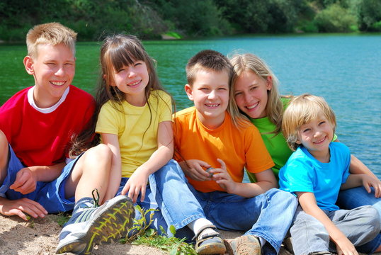 children at lake
