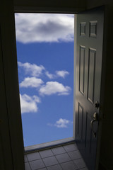 door with clouds