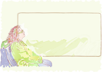 Girl on train looking outside.Vector illustration