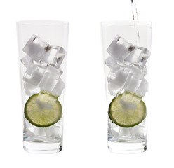 two tall glasses with ice cubes and lme. water pouring into onei