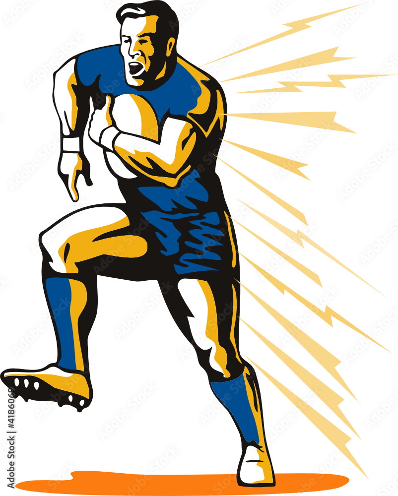Poster rugby player running for a try