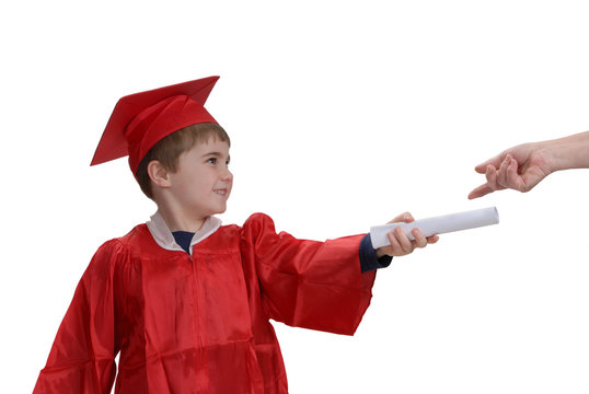 Child ,in Red Gown And Hat, Receiving His Diploma
