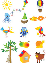 Vector set of cartoon characters and objects