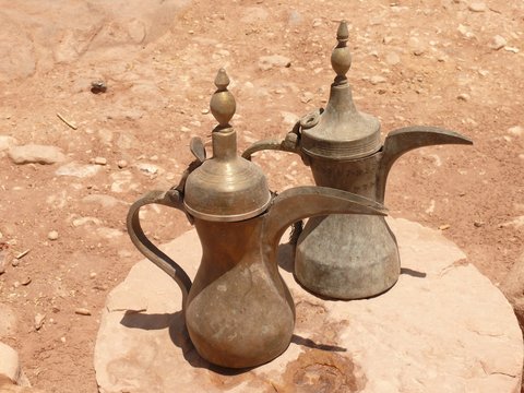 Stylish brass kettles, Jordanian craftmanship, Petra, Jordan