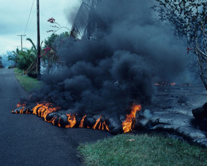 Lava burns roadway, Big Island of Hawaii